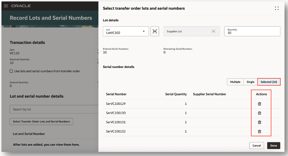 Review Selected Lots and Serial Numbers