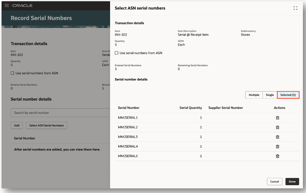 Review Selected Serial Numbers