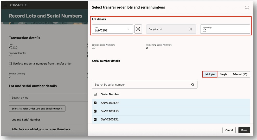 Select Transfer Order Lots and Serial Numbers