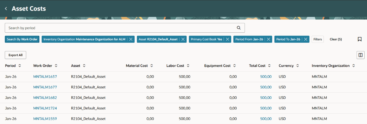 Work Order view on the Asset Costs page