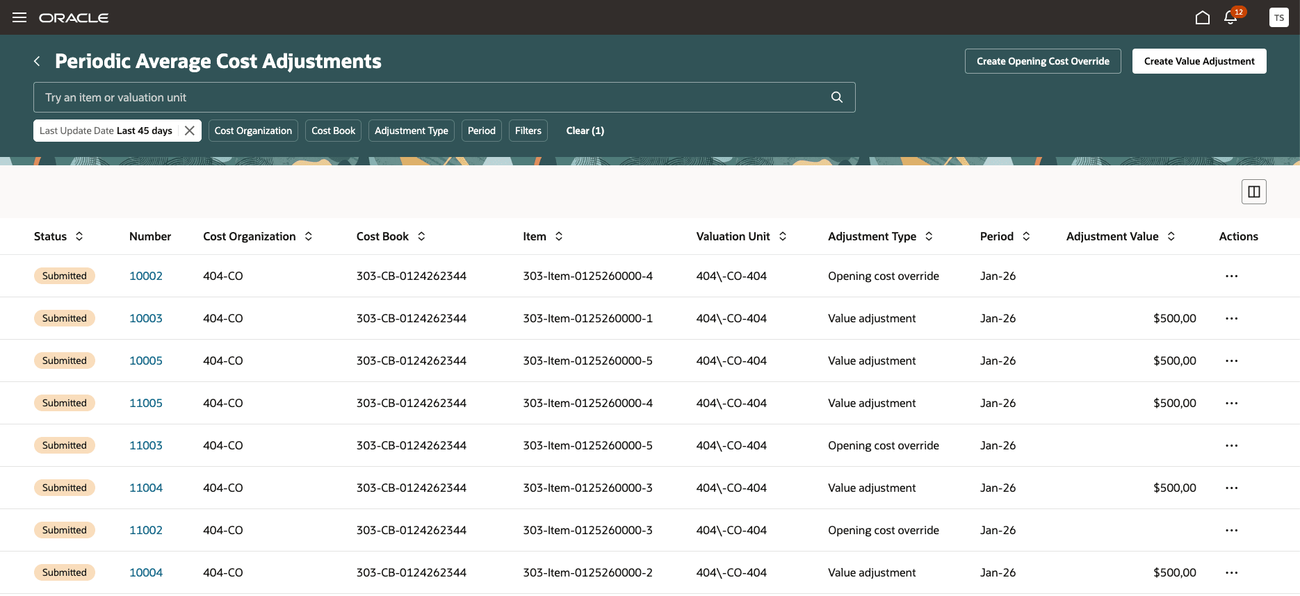 Periodic Average Cost Adjustments page with the new search options