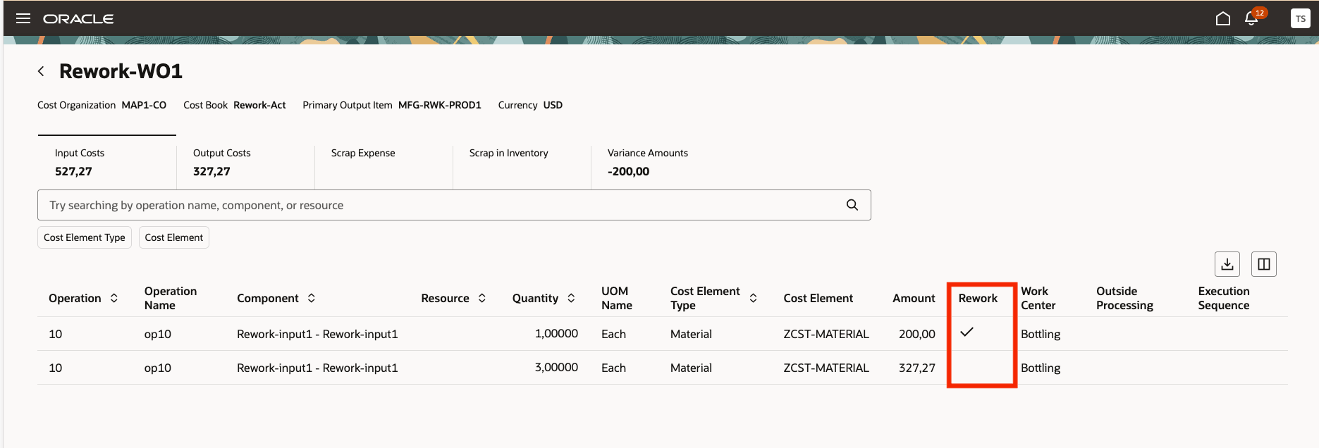 Rework indicator on material and resource transactions