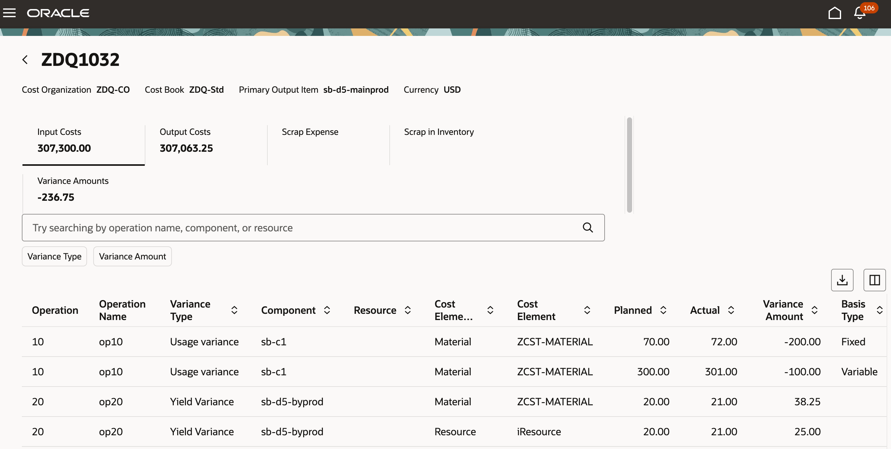 Variances reported by component and basis type