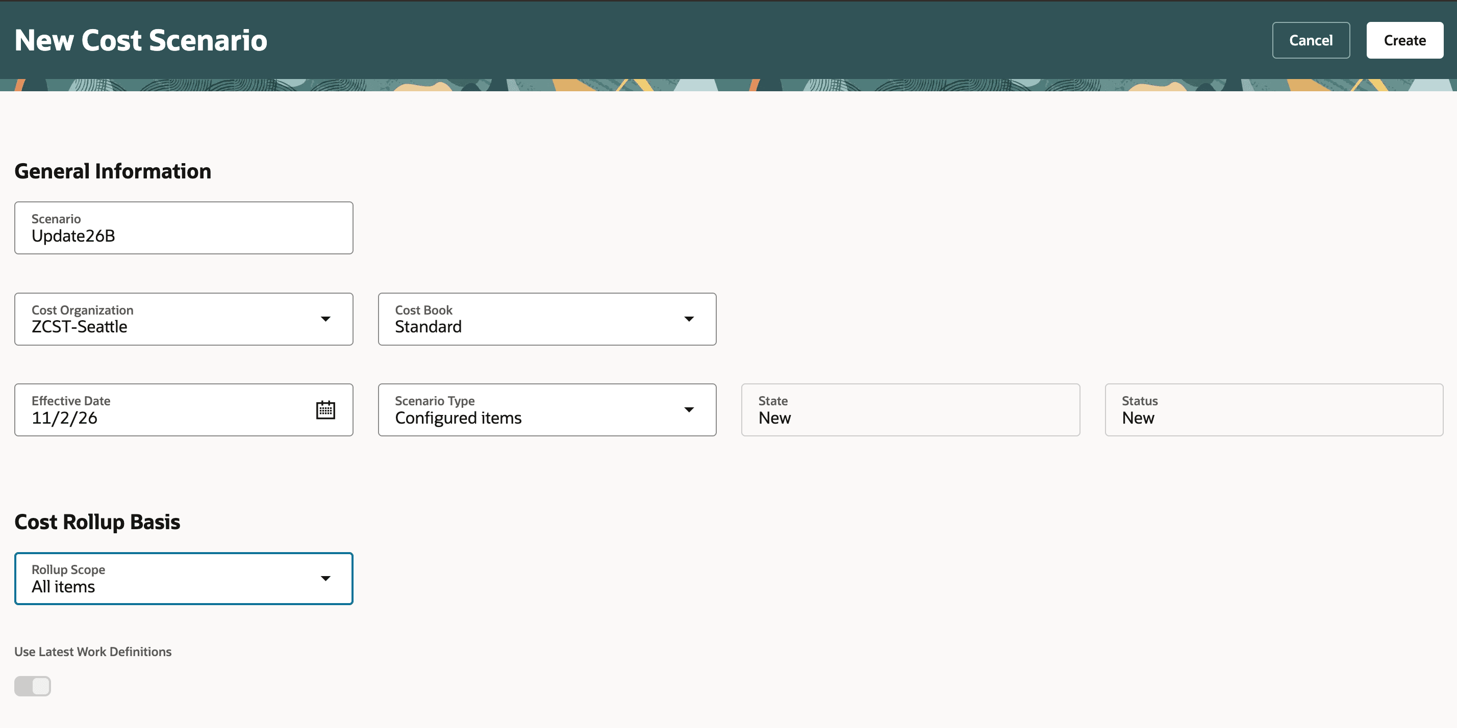 Cost scenario of type configured items with All Items rollup scope