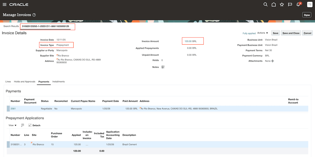 Prepayment invoice in payables.