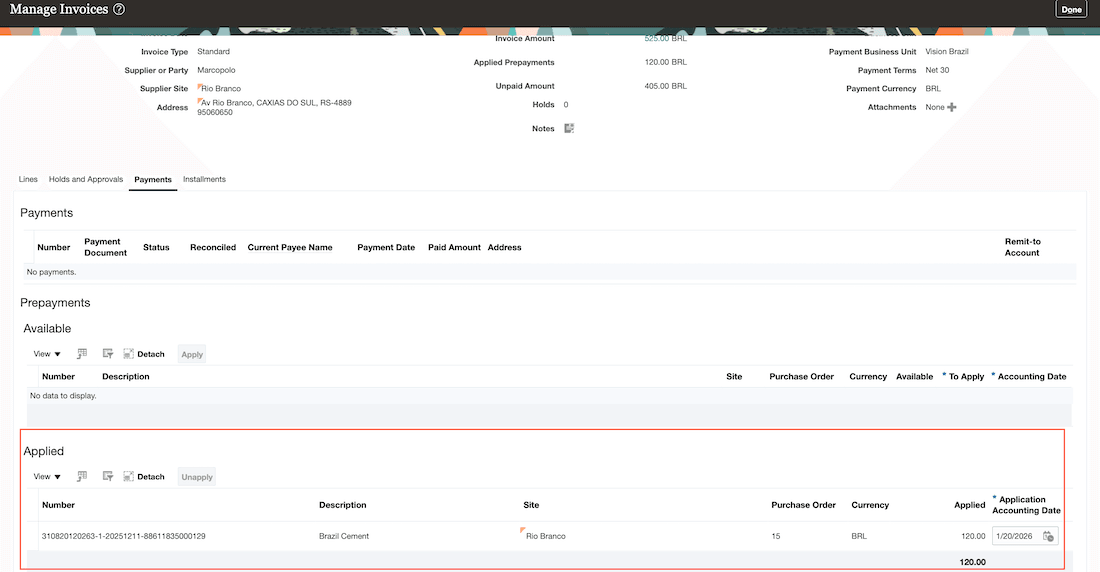 Prepayment invoice auto applied to standard invoice.