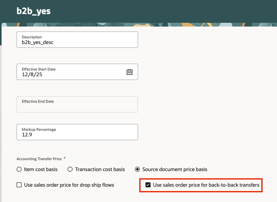 Transfer price rule with use sales order price for back-to-back transfers enabled.