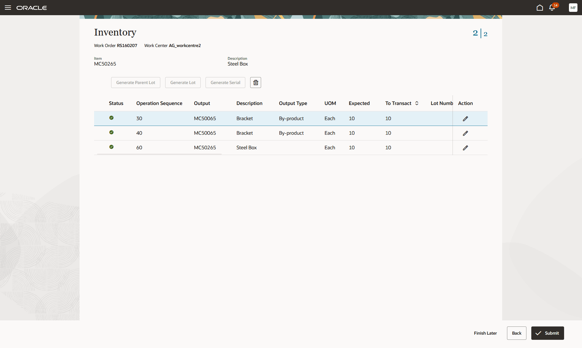 Same output in multiple operation of a discrete manufacturing work order transaction