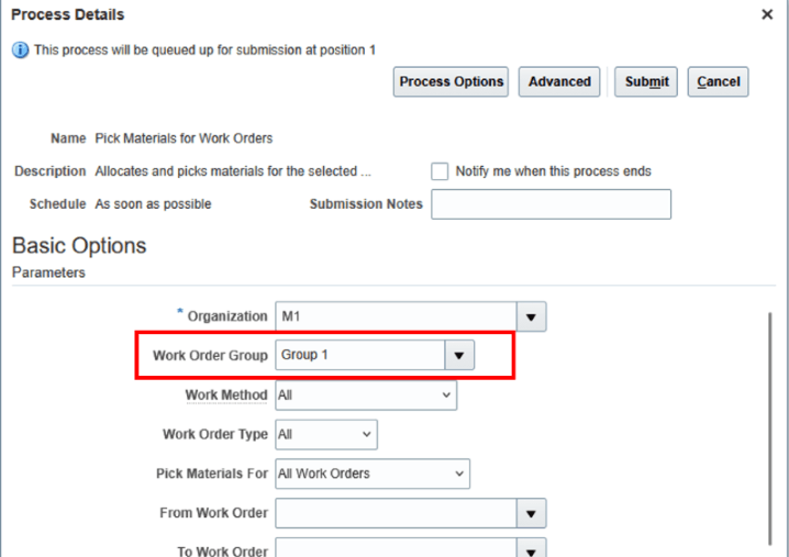 Work Order Group Parameter in the Pick Materials for Work Orders Scheduled Process