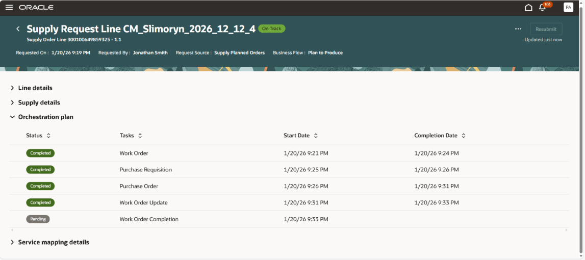 Orchestration of Purchase Order and Work Order for Process manufacturing