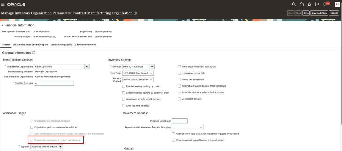 Manage Inventory Organization Parameters