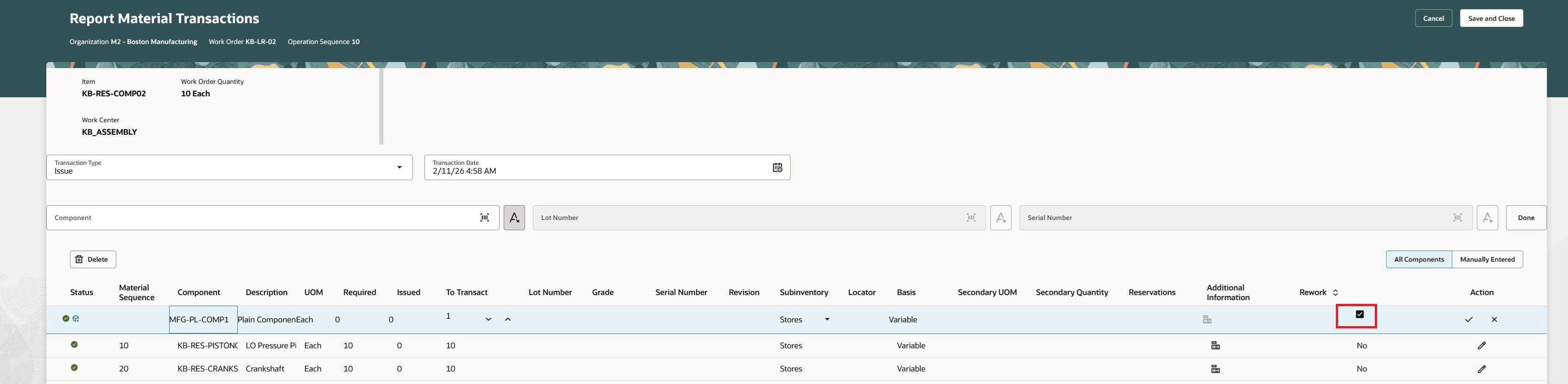 Report a material transaction with the rework identifier