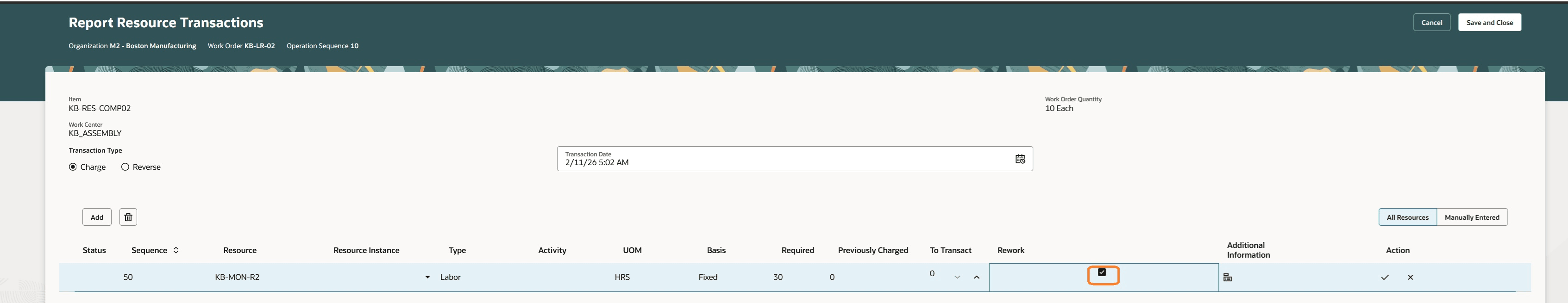 Report a resource transaction with the rework identifier