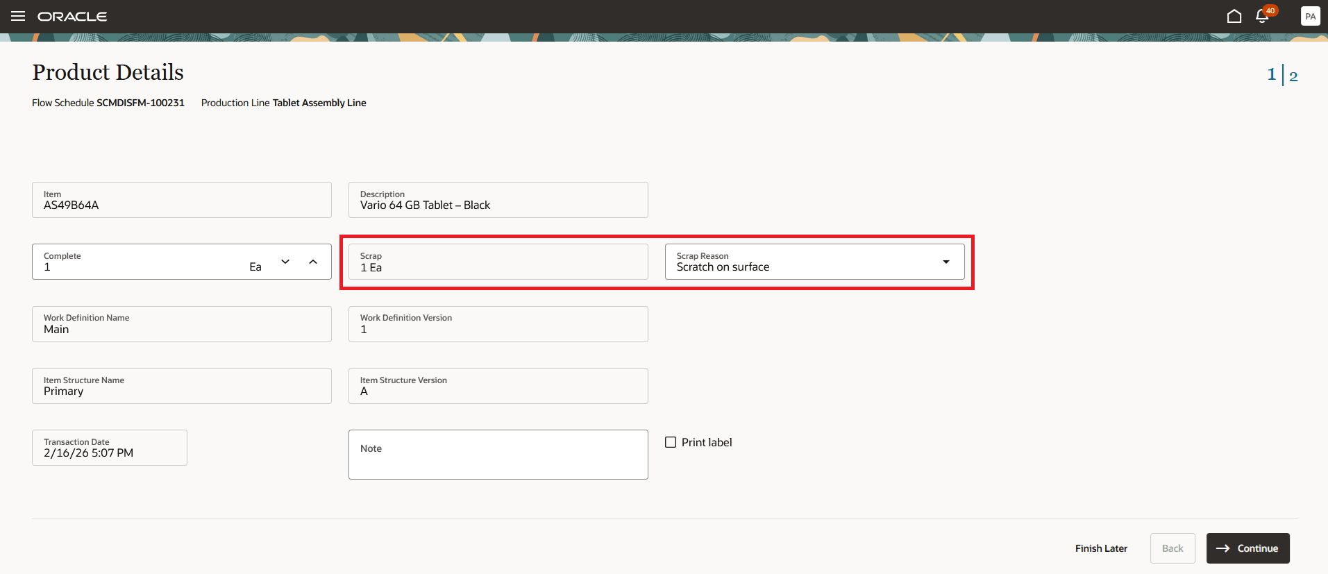 Report Scrap without a Predefined Inspection Plan against a Flow Schedule