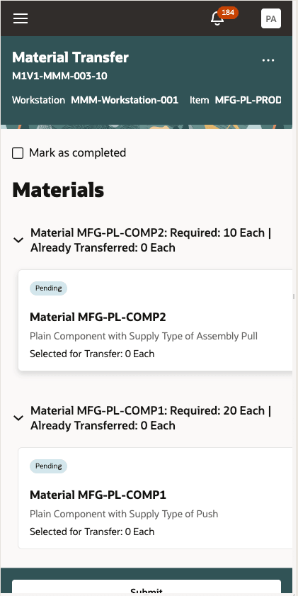 Workstation operation materials list