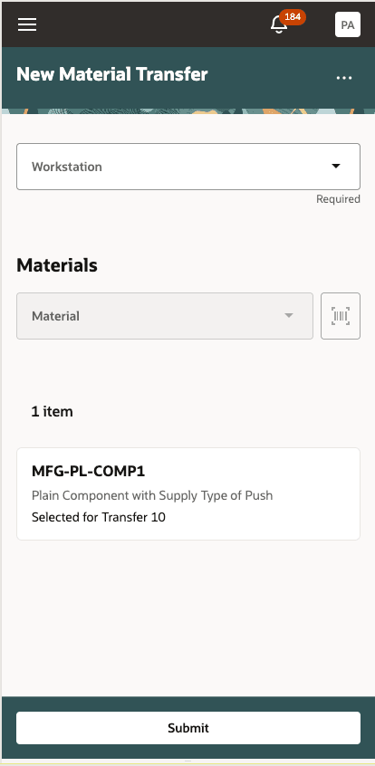 Select Workstation and Quantity to Transfer