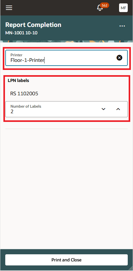Select a printer and print LPN label