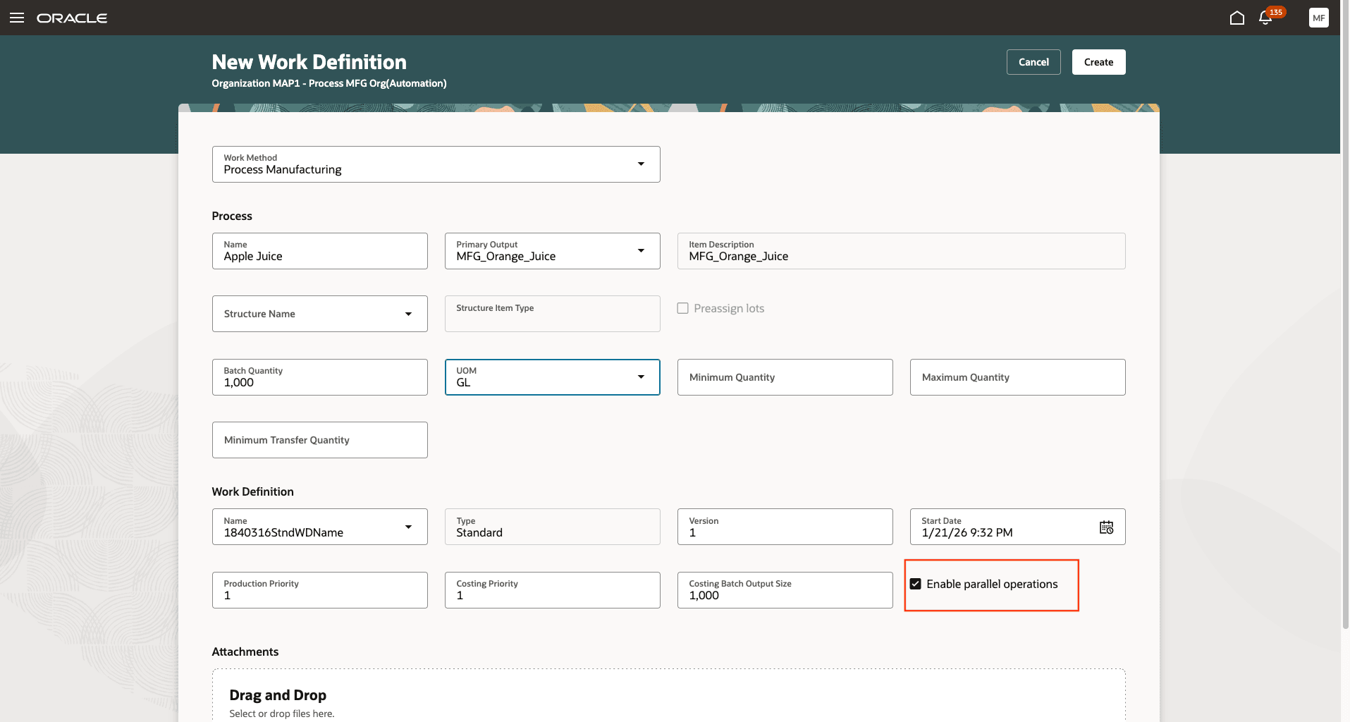 Work definition creation