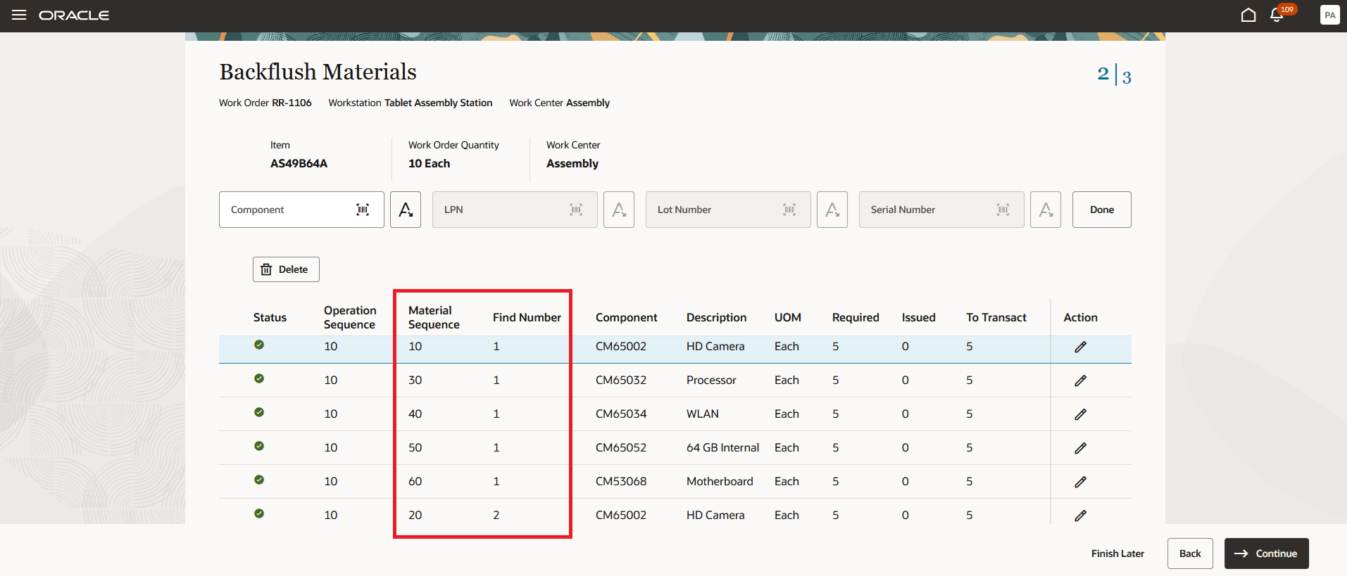 Review Material Sequence and Find Number fin Backflush Materials Page