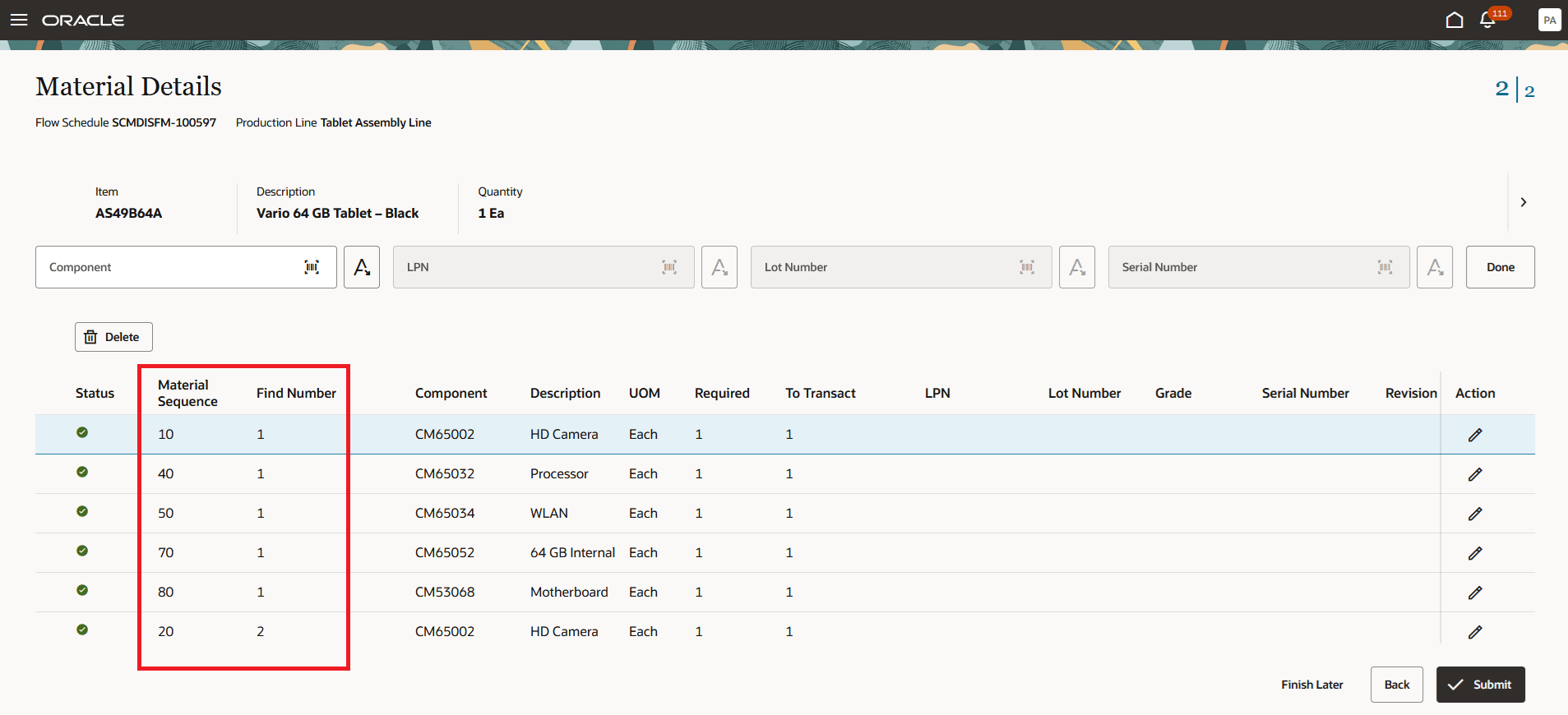 Review Material Sequence and Find Number in Material Detals Page for a Flow Schedule