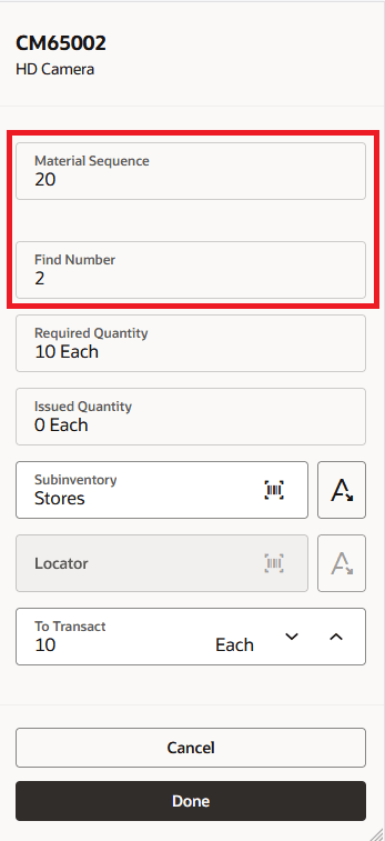 Review Material Sequence and Find Number While Reporting Material Transactions using an Industrial Handheld Device