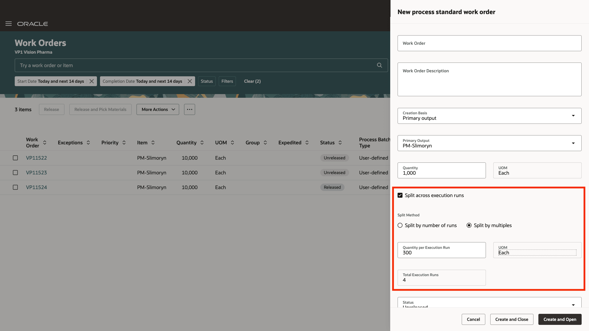 Split work order quantity into execution runs