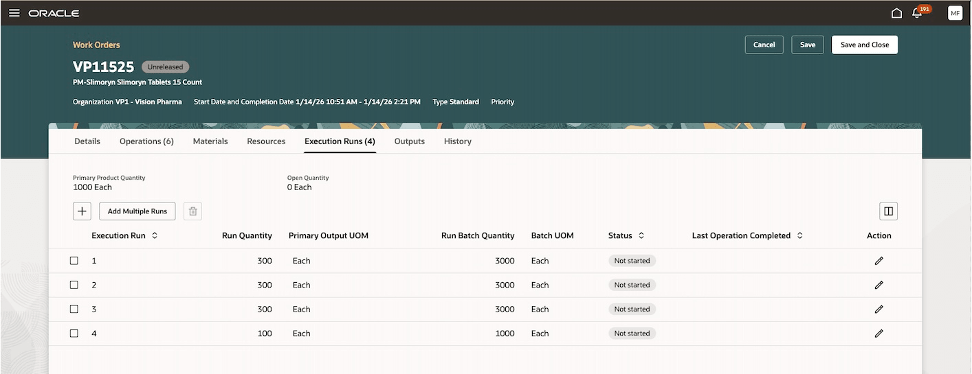 Work order tab that shows the execution runs