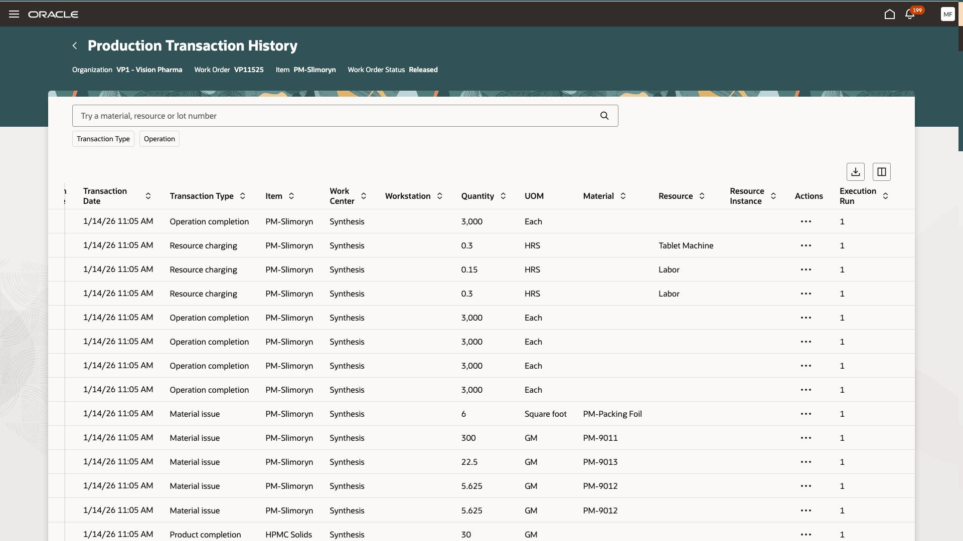 Production Transaction History