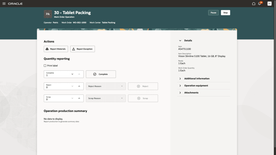Pause execution of work order operation