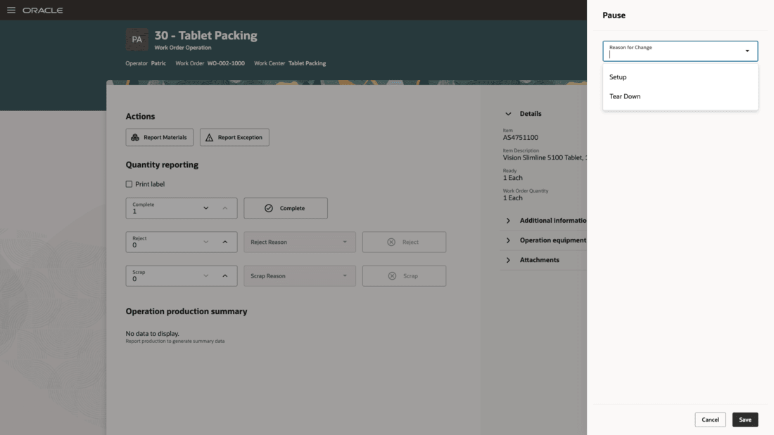 Select reason for pause