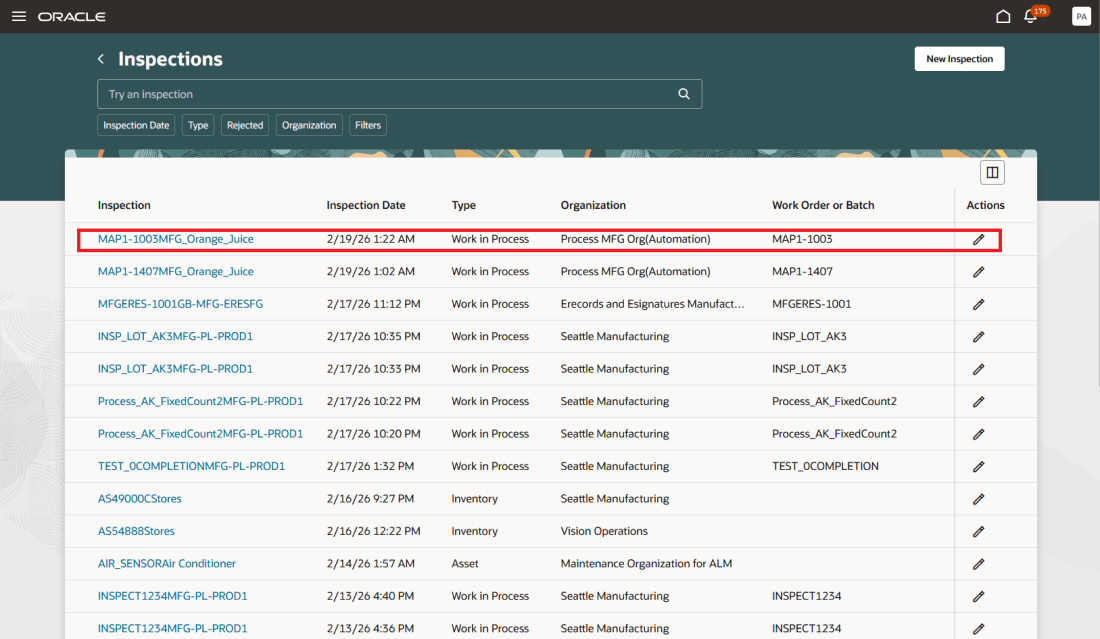 Work Order Operation Inspection Pending Results Entry