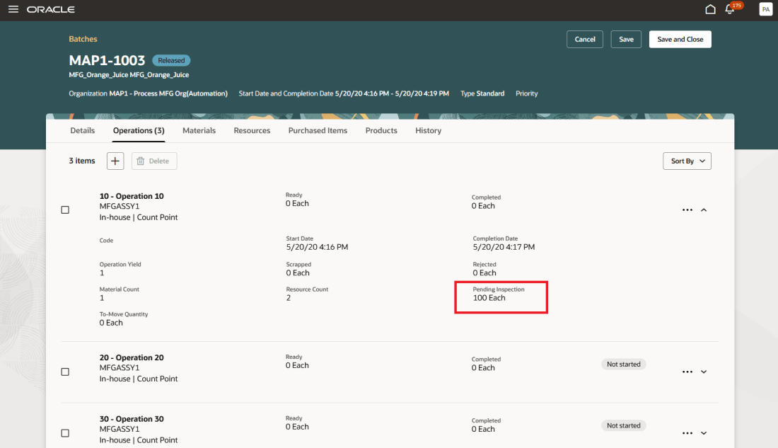 Work Order Operation Quantities Prior to Results Submission