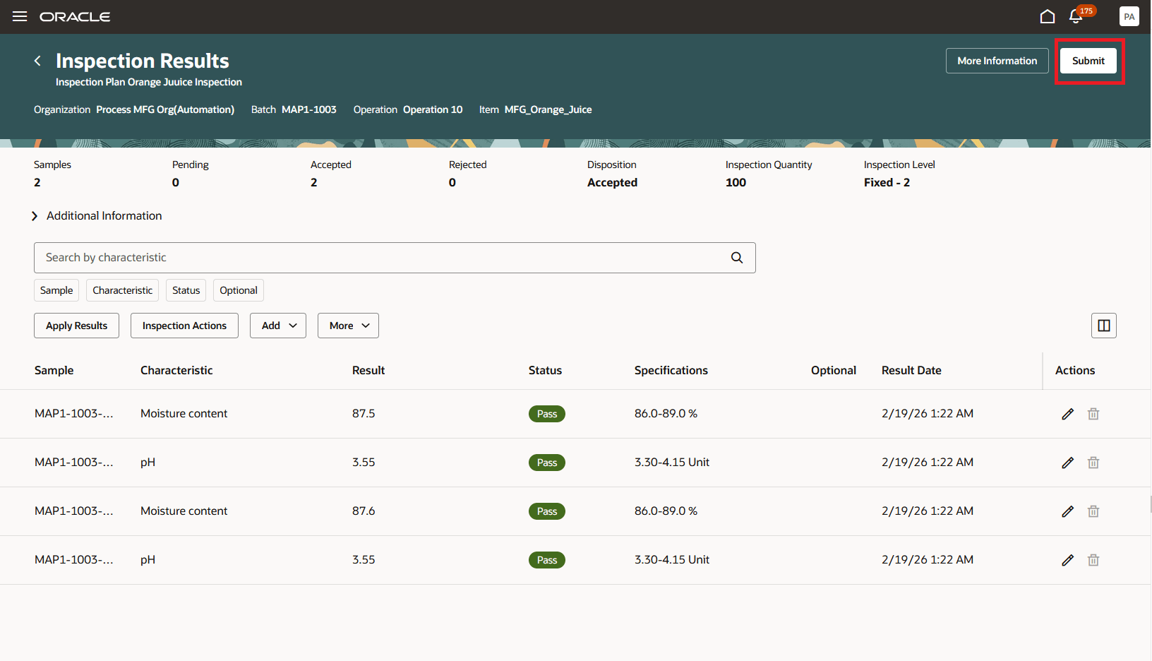 Work Order Operation Required Inspection Results Entry