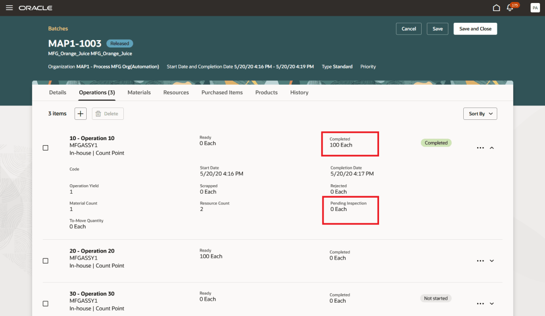 Work Order Operation Quantities After to Results Submission