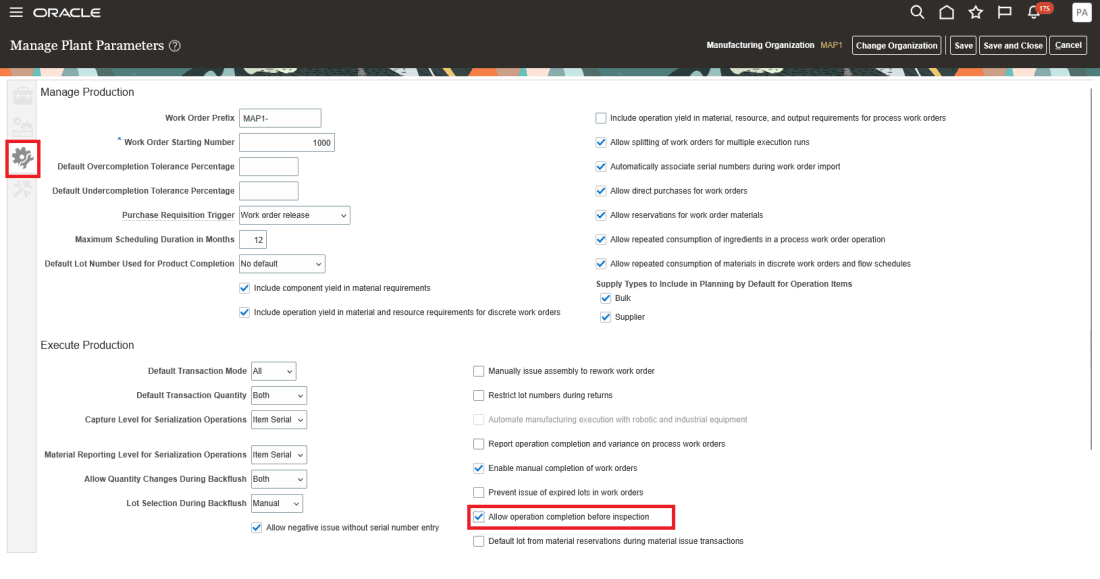 Manage Plant Parameters page