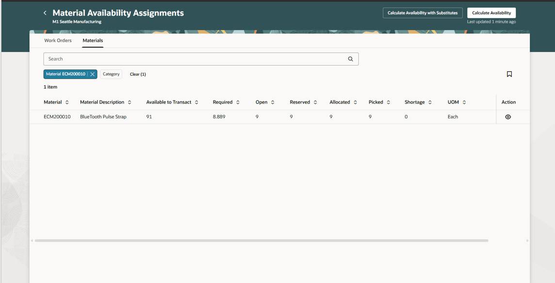 Materials Tab in Material Availability Assignments 