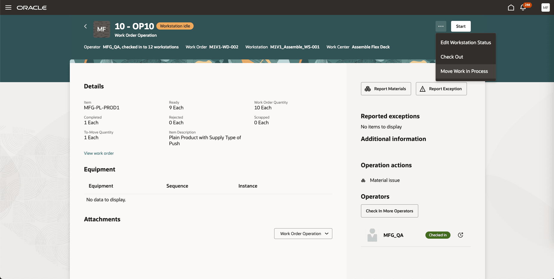 Move Work in Process without starting operation in WS mode