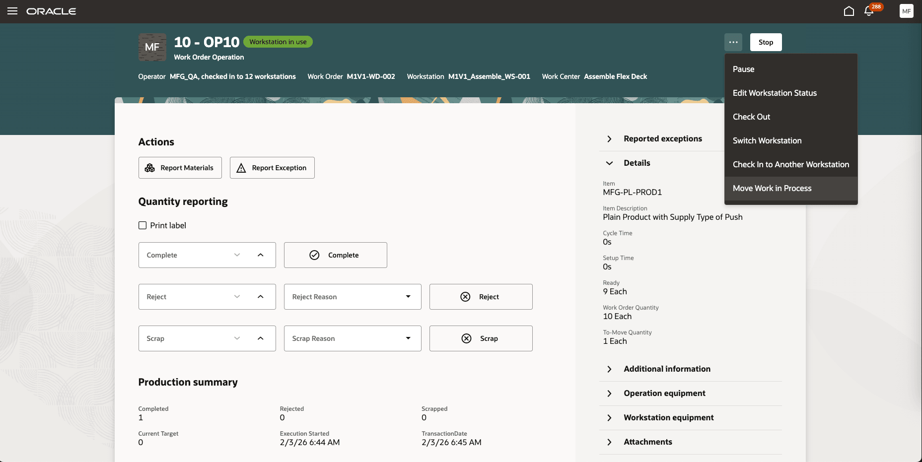 Option to move work in process after starting an operation in WS mode.