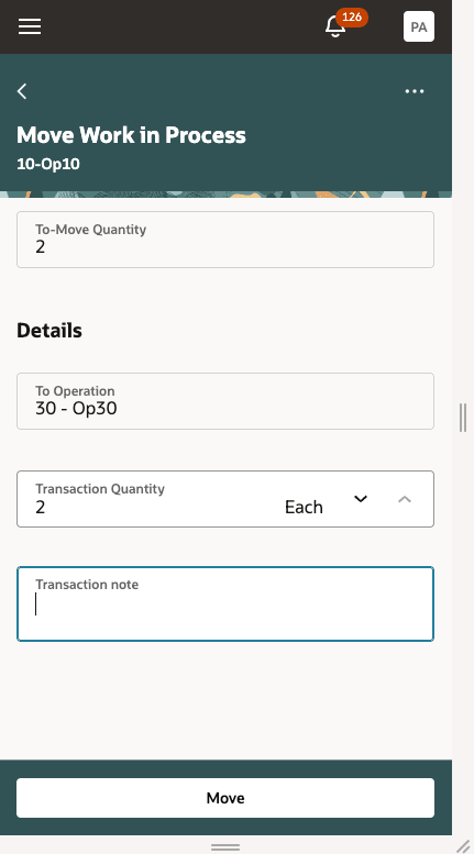 Move Work in Process : Enter Move Quantity