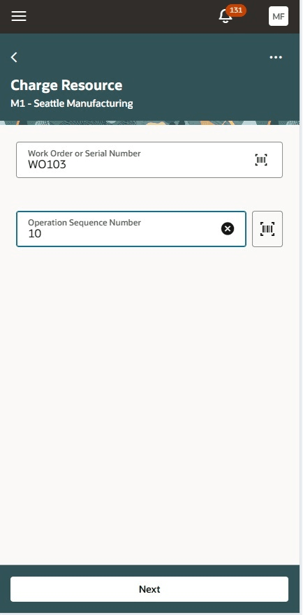 Sacn or enter work order and operation sequence and clcik Next
