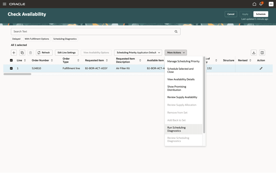 Order Selection and Scheduling Diagnostics Invocation in Check Availability Page