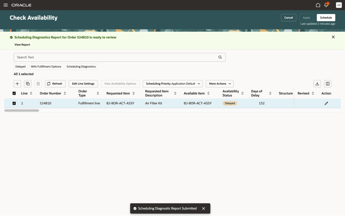 Message Indicating that Scheduling Diagnostics Report is Generated
