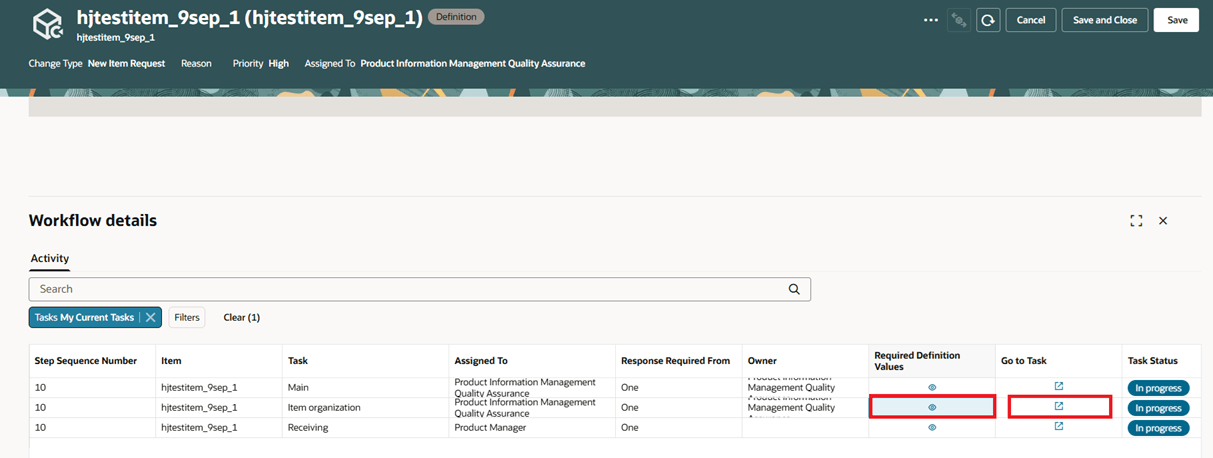 caption: Links in the Required Definition Values and Go To Task Columns
