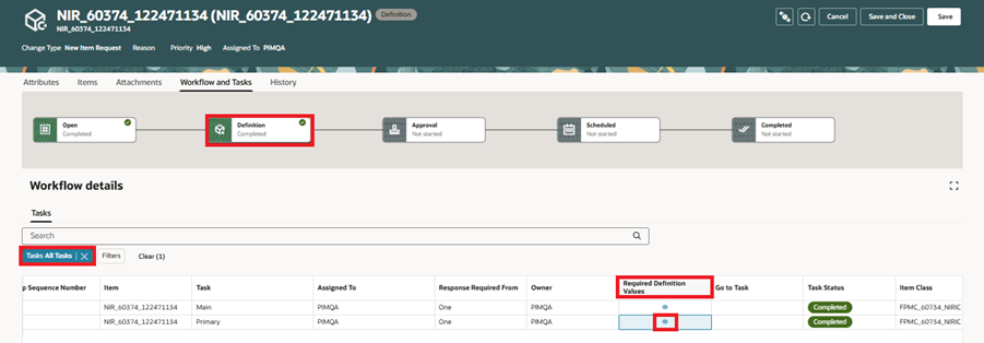caption: Definition Step with All Tasks Listed and Required Definition Values Link