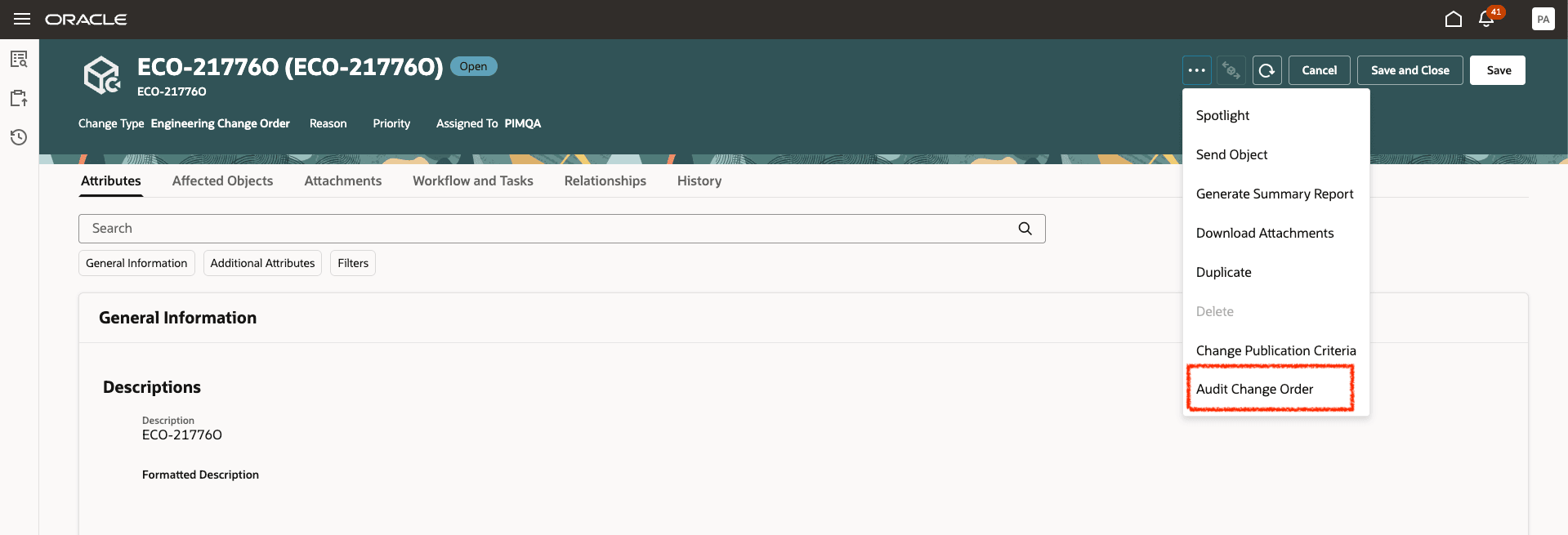 Caption: Click Audit Change Order to Trigger the AI Agent