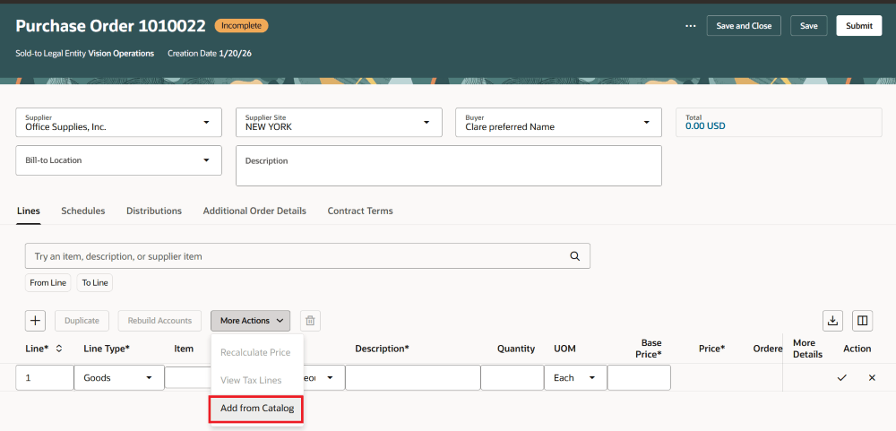Add from Catalog Action