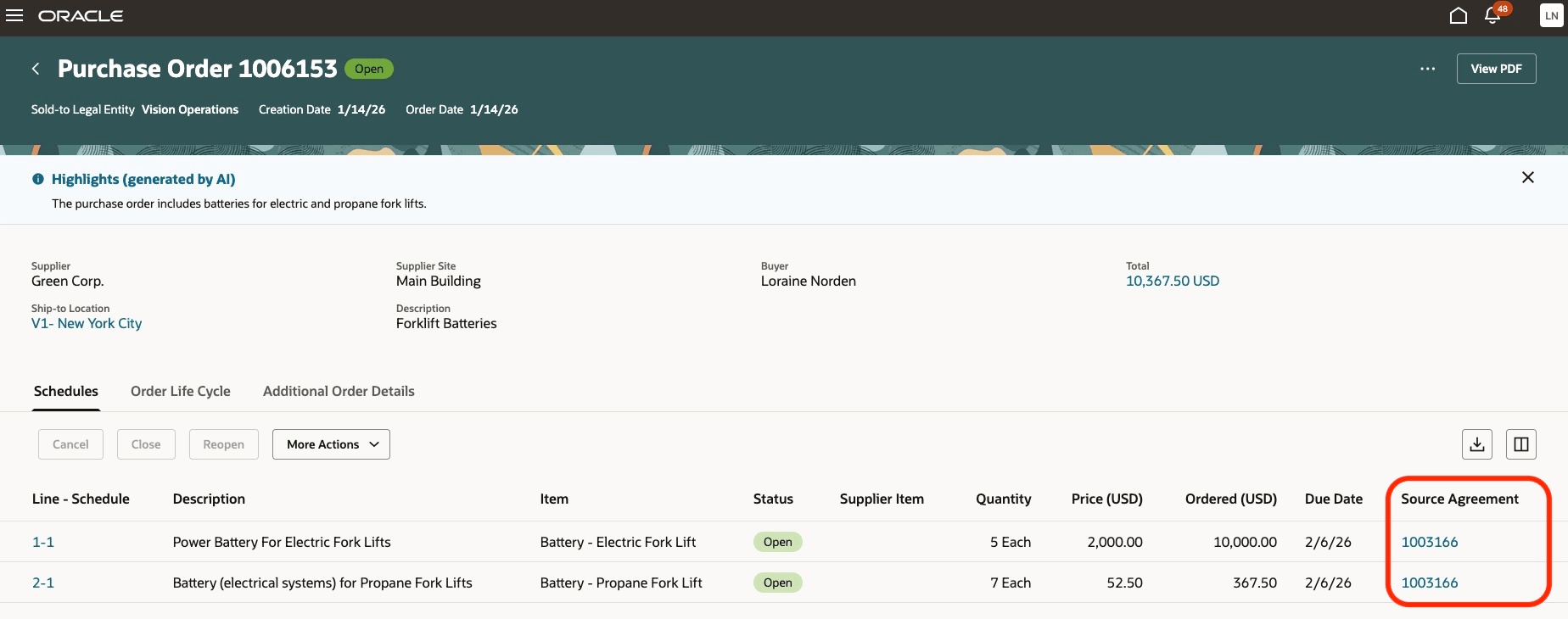 Source Agreement Hyperlink in View PO Schedules Table