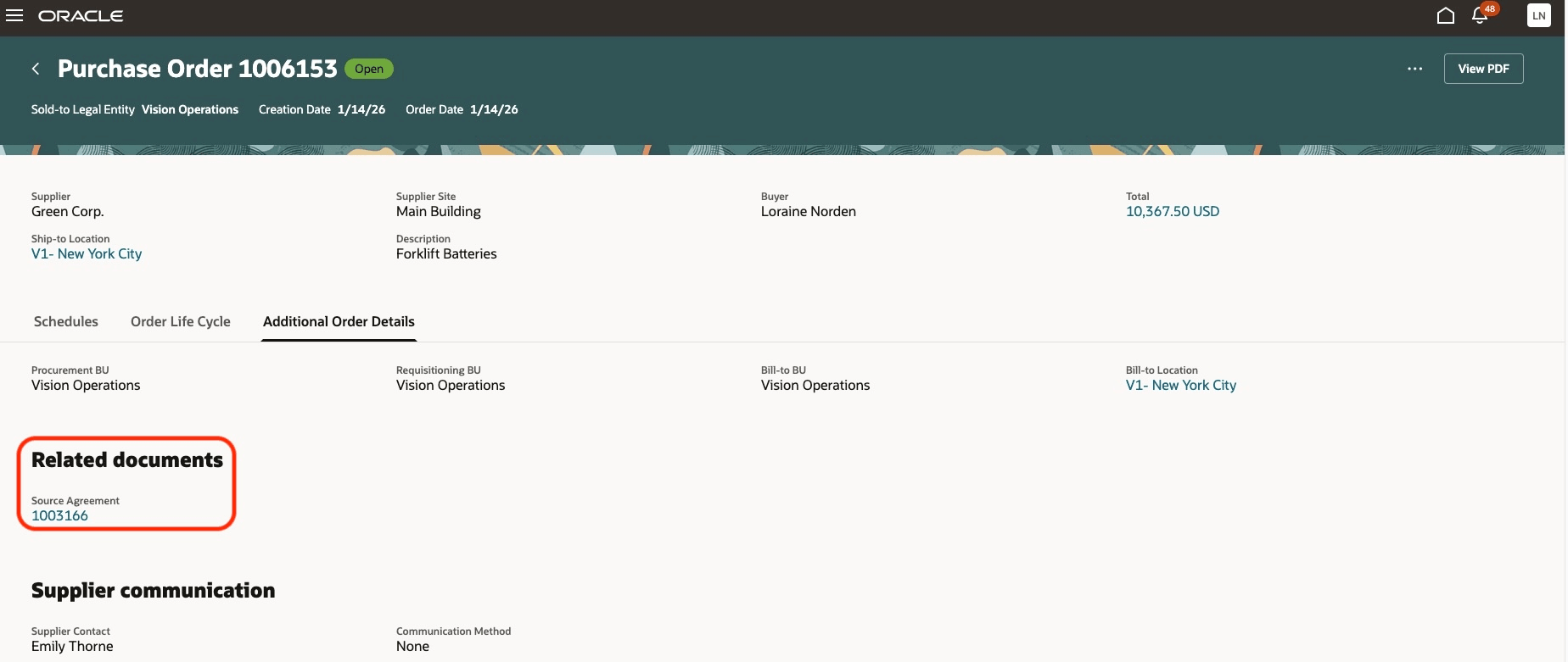 Source Agreement Hyperlink in View PO Additional Order Details Tab