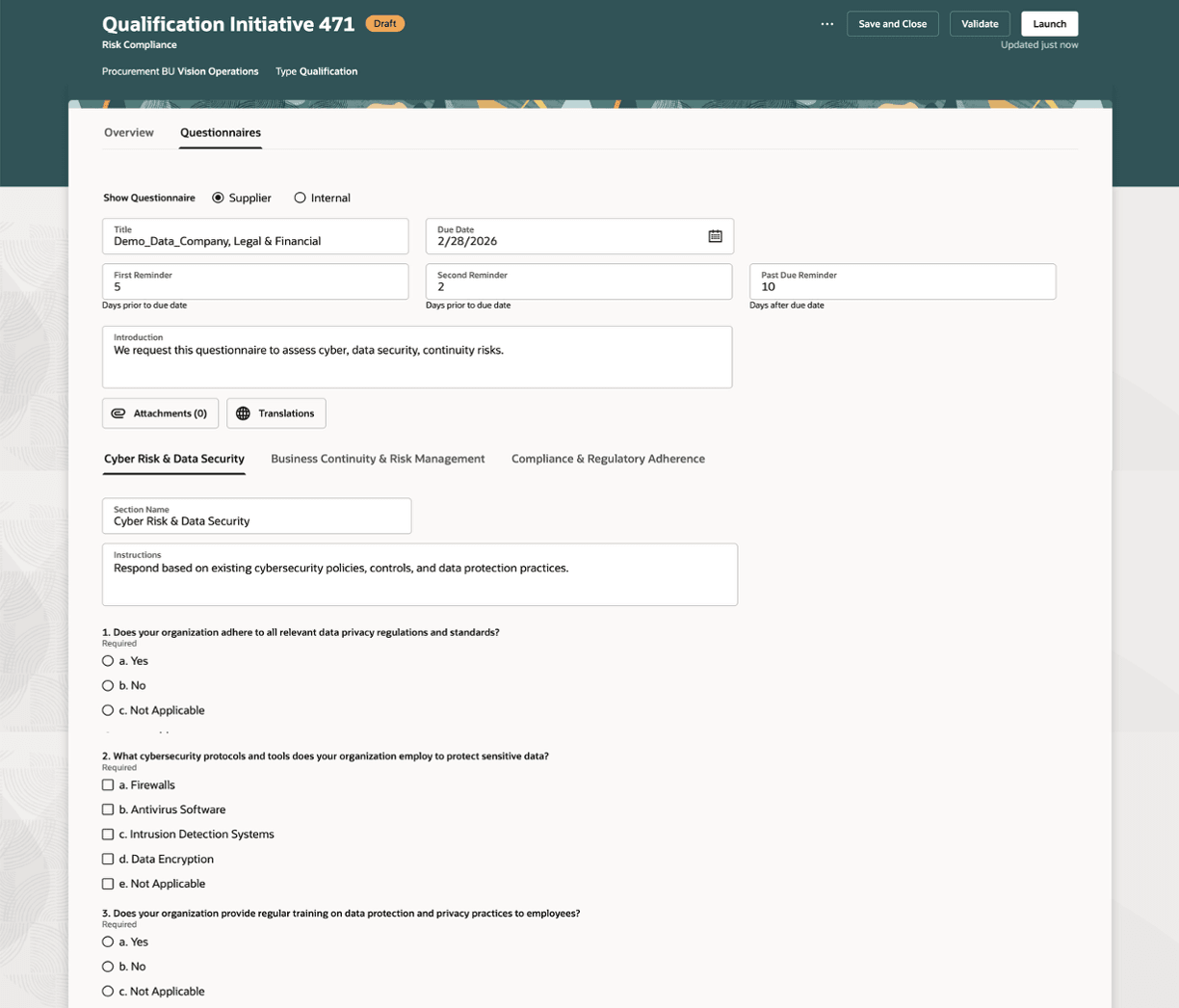 Initiative - Questionnaire tab