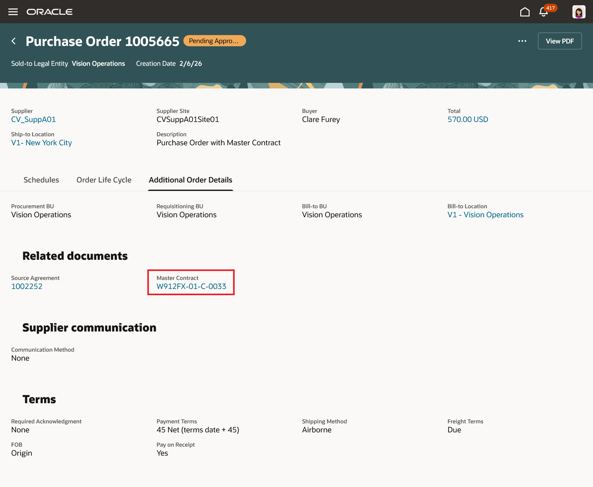 View Master Contract Details from Additional Order Details